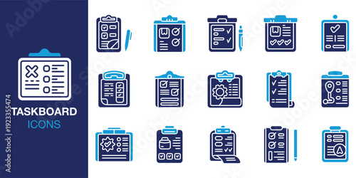 Taskboard icon set. Containing project, management, productivity, schedule, timeline and more. Solid vector icons collection. Vector illustration.