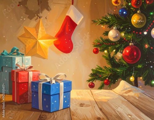 Festive Christmas Scene with Presents, Stocking, and Decorated Tree.