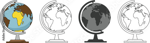 World Globe Set in Color Outline and Monochrome Styles Education Geography Illustration