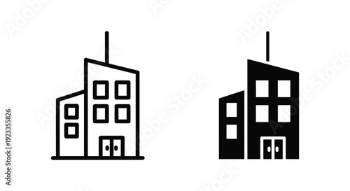 Minimalist office building and corporate headquarters icon set featuring outline and solid silhouette styles for professional business, real estate, and urban development projects.