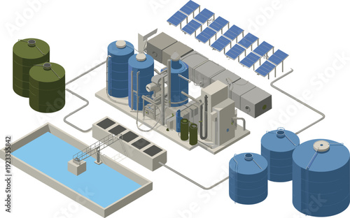 Isometric eco friendly wastewater treatment plant with solar panels, industrial water purification system and storage tank infrastructure illustration