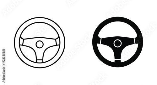 Minimalist steering wheel icon set featuring outline and solid silhouette styles for automotive UI design and transportation branding