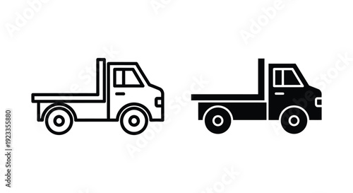 Set of minimalist flatbed truck icons in outline and solid silhouette styles for commercial logistics, transportation services, and delivery management.