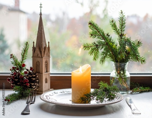Festive Christmas Still Life with Candle, Church, and Pine Branches.