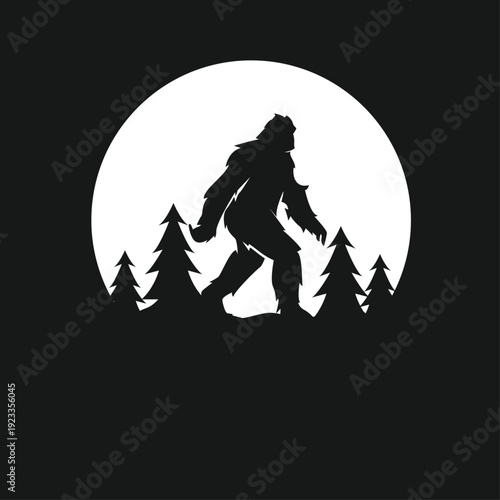 Mysterious Bigfoot Silhouette Walking in Pine Forest Against Full Moon on Dark Background
