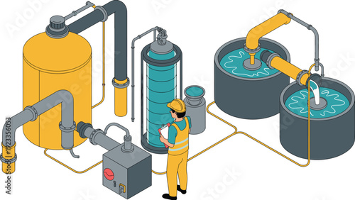 Isometric industrial water treatment facility with engineer monitoring filtration tanks, wastewater purification system, pipeline network and processing equipment illustration