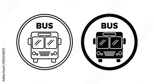 Set of minimalist bus icons in outline and solid black styles for public transportation signage, urban transit maps, and commuting navigation apps