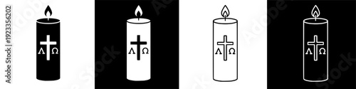 Two lit candelabras with Christian symbols on black background