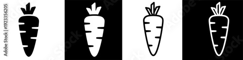 Simple white carrot illustrations on black background, carrot concept, healthy eating, vegetable graphics, nutrition icons, simple design