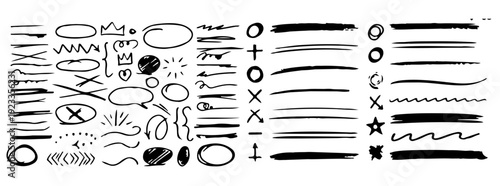 Abstract black and white illustration featuring various expressive brushstroke lines and primitive shapes high-quality