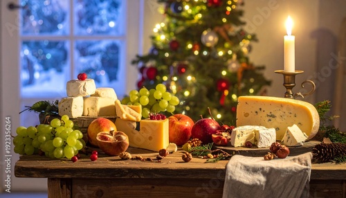 Festive Christmas Table Display - Cheese, Fruits, and Candlelight with a Christmas Tree.