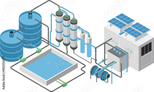 Isometric solar powered water treatment plant with filtration tanks, industrial purification system, storage reservoirs and pipeline infrastructure illustration