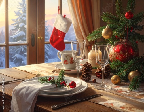 Festive Christmas Table Setting with Decorations and Winter Window View.