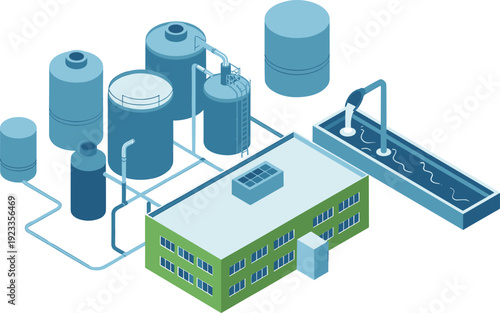 Isometric wastewater treatment plant illustration with storage tanks, industrial filtration system, processing facility building, sewage purification infrastructure