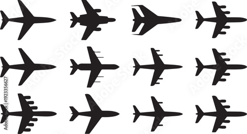 Black silhouettes of various airplanes on white background aircraft