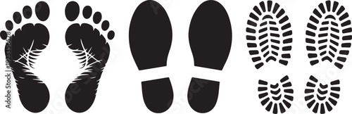 Black footprints and shoe soles on white background animal tracks