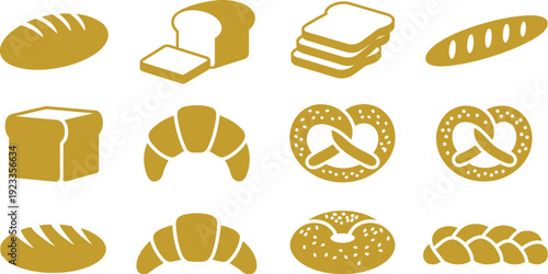 Bread Loaf Icon Collection, Vector Illustrations of Baked Goods Symbols and Toast Logos for Bakery Branding, Restaurant Menus, Packaging, and Web Design Applications.