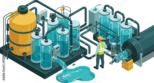 Isometric wastewater treatment facility with engineer supervising filtration tanks, industrial water purification system, processing equipment and complex pipeline infrastructure