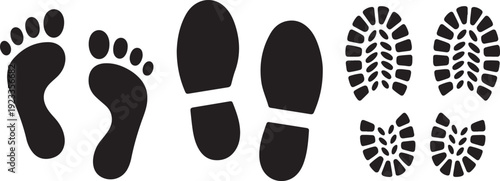 Black footprints and shoe prints on white background animal tracks