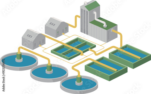 Isometric wastewater treatment plant infrastructure with sedimentation tanks, industrial water purification system, sewage processing facility and pipeline network illustration