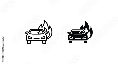 Minimalist vector icons of a burning car representing vehicle fire accidents, insurance claims, and emergency roadside assistance for automotive safety and security concepts.