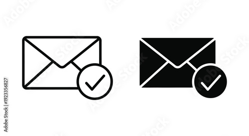 Minimalist black and white email envelope icons with a checkmark symbol representing successful message delivery, verified communication, and inbox confirmation for digital interfaces