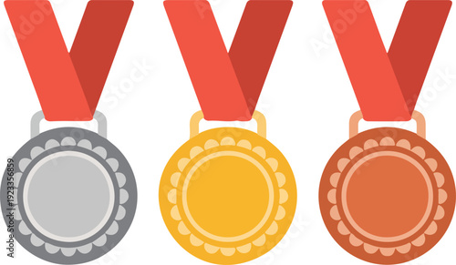 Three medals with red ribbons in gray gold and bronze colors