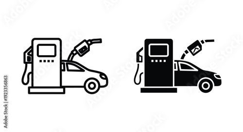 Set of minimalist car refueling icons showing a vehicle at a gas station pump with a fuel nozzle for automotive service and energy industry concepts