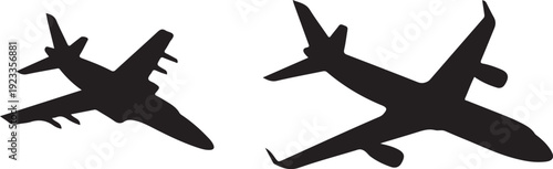 Black silhouettes of two airplanes flying on white background