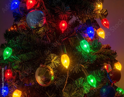Festive Christmas Tree Adorned with Colorful Lights and Ornaments for Holiday Cheer.