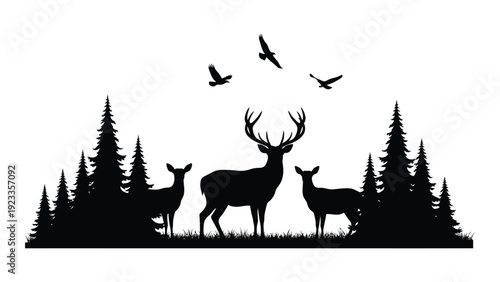 A black silhouette of deer and birds in a forest isolated on white background, Vector