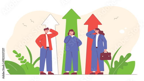 Three thoughtful business people standing next to large upward pointing arrows, considering their future paths