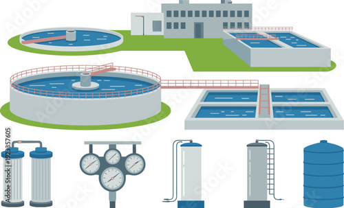Water treatment plant illustration with filtration tanks, sedimentation basins, industrial purification equipment, storage reservoirs, wastewater processing system diagram