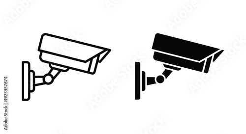 Minimalist security camera icons in outline and solid silhouette styles for surveillance and safety monitoring systems