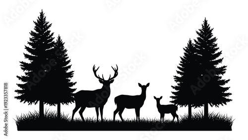 A family of deer standing in front of trees isolated on white background, Vector