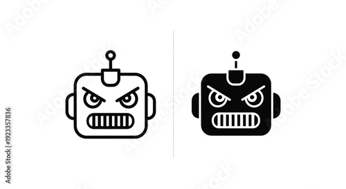 Minimalist angry robot head icons in outline and solid glyph styles representing malicious AI, bot attacks, and system error warnings for cybersecurity interfaces.