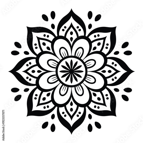 Elegant mandala artwork featuring blooming flower motifs and decorative dots in black ink style for spiritual or wellness designs