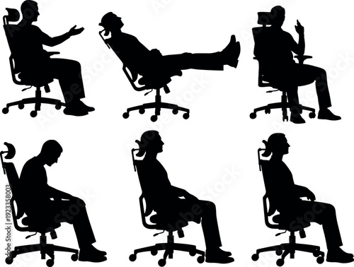 Office worker silhouettes set showing sitting relaxing talking thinking and reclining on swivel chairs, black business people figures isolated on white background for corporate design