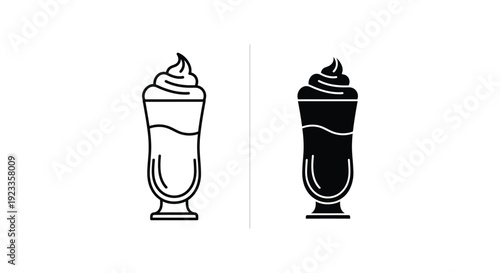 Minimalist vector icons of a delicious milkshake with whipped cream in a tall glass, featuring both outline and solid silhouette styles for cafe menu design and food branding.