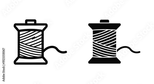 Set of minimalist black and white vector icons featuring sewing thread spools for tailoring, fashion design, and textile craft projects.