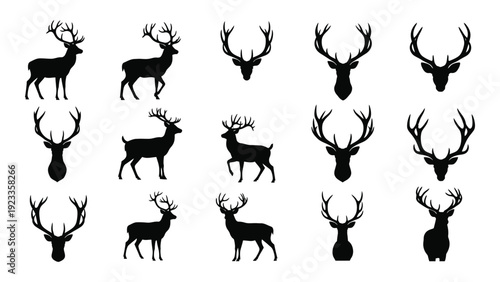 A collection of black deer silhouettes on a white background isolated on white background, Vector