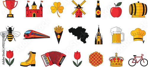 Belgium Symbols Collection Travel Culture Landmarks Food and National Icons Vector Set