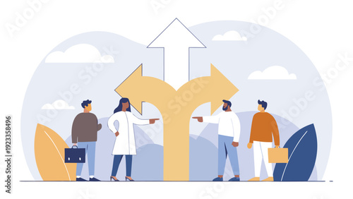 Diverse business team stands at crossroads with branching arrows, pointing towards different future directions for career path.