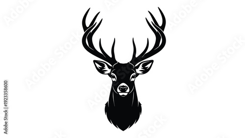 A black and white image of a deer head with antlers isolated on white background, Vector
