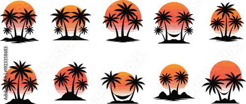 Tropical Sunset Palm Tree Silhouette Set With Island Beach Summer Vacation Theme