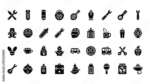 A collection of 32 black and white icons on a white background isolated on white background, Vector
