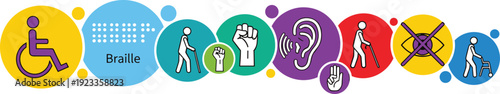 Disability Awareness Accessibility Icons Set Including Braille Wheelchair Hearing And Assistance Symbols