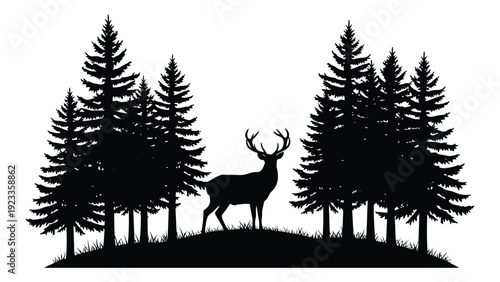 A deer standing on a hill surrounded by pine trees isolated on white background, Vector