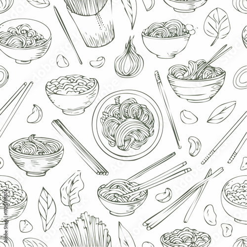 Handdrawn seamless pattern of Asian noodles ramen and food ingredients.