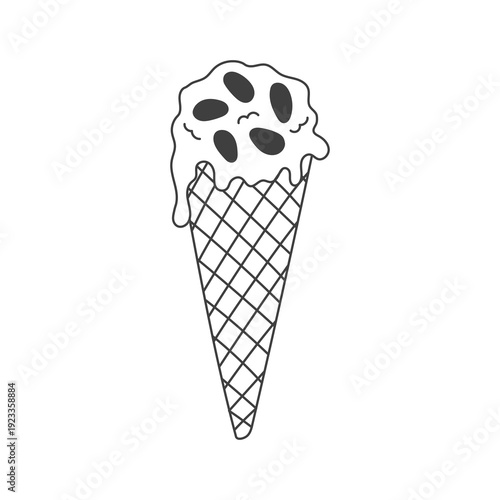 Pistachio Gelato Ice Cream Scoop Doodle. Melting Dripping Nutty frozen treat in cone, Mediterranean summer dessert drawing. Vector illustration